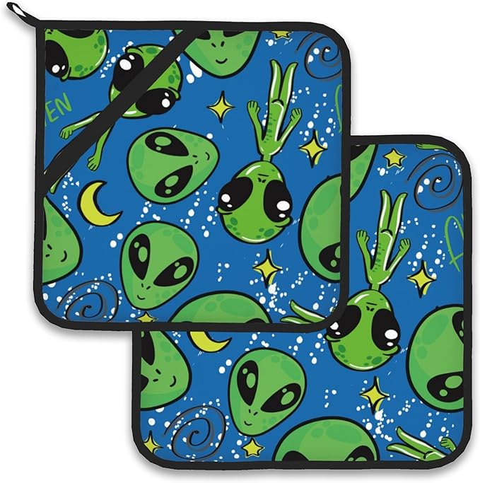 Green Alien Pot Holder Set of 2,Heat Resistant Potholders Oven Hot Pads for Kitchen Cooking Baking BBQ