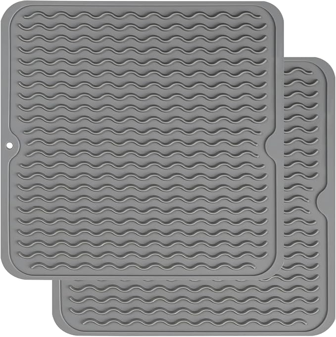 ZLR 2 Pcs Silicone Dish Drying Mat 12" x 12" Square - Small Heat Resistant Trivet & Countertop Protector for Air Fryer, Coffee Maker - Waterproof Kitchen Drain Pad for Cups, Fruit (Dark Gray)