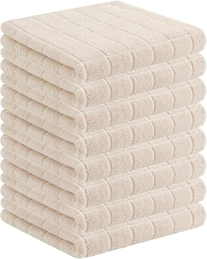 Homaxy 100% Cotton Terry Kitchen Towels(Beige, 13 x 28 inches), Checkered Designed, Soft and Super Absorbent Dish Towels, 8 Pack