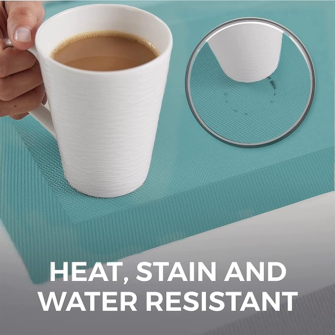 More Décor Dining Table Placemats, Washable Heat-Resistant PVC Vinyl Table Mats for Dining Room and Kitchen, Anti-Slip - Set of 4 -Sky Blue