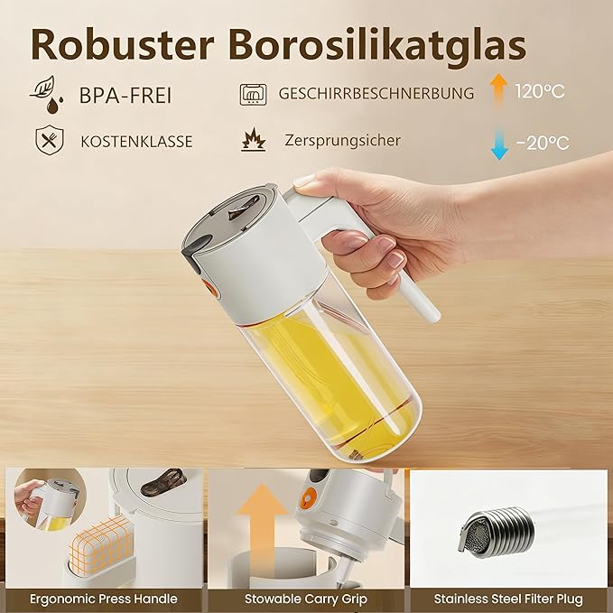 Olive Oil Spray Bottle Dispenser, 2-in-1 Glass Material Kitchen Cooking Oil Sprayer, 20.3 oz/600 ml Cooking Spray, Glass Spray Bottle with Tipper, Food Grade Spray for Kitchen, Salad, Frying, Barbecue