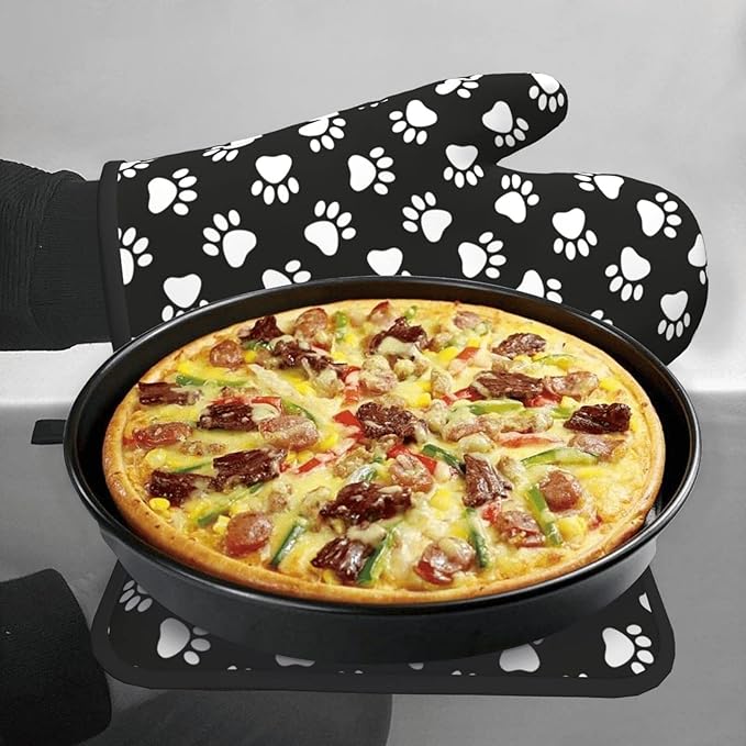 Dog and Cat Paw Print Oven Mitts and Pot Holders Heat Resistant Oven Mitts Safe for Baking Cooking BBQ
