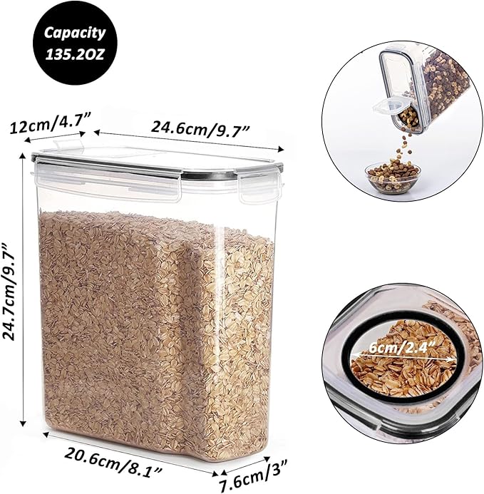 Cereal Containers Storage Set, 4 PCS Airtight Food Storage Container with Lids, BPA-Free Plastic Storage Containers for Cereal Rice Flour Sugar Dry Food (135.2 oz/4 Pcs)