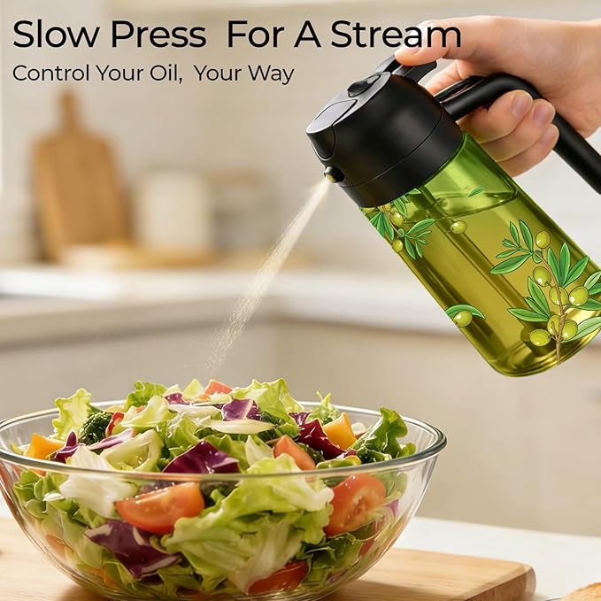 COOLMI Oil Sprayer for Cooking, 2 in 1 Olive Oil Dispenser Bottle Set for Kitchen, Food-Grade Glass Green Oil Vinegar Bottle Container - 16OZ/470ML Set of 2 (Black)