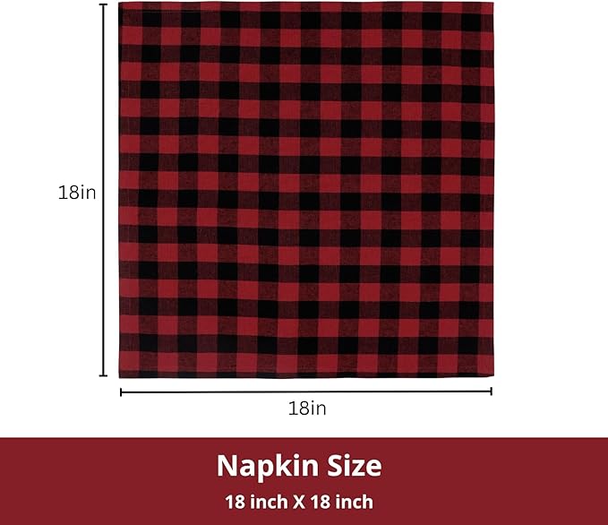 PurpleEssences Buffalo Plaid Cloth Napkins - Mitered Corners - Spring Easter Summer - Gingham Check Dinner Napkin - Set of 12-100% Cotton - 18x18 Inch - Reusable Washable - Red and Black