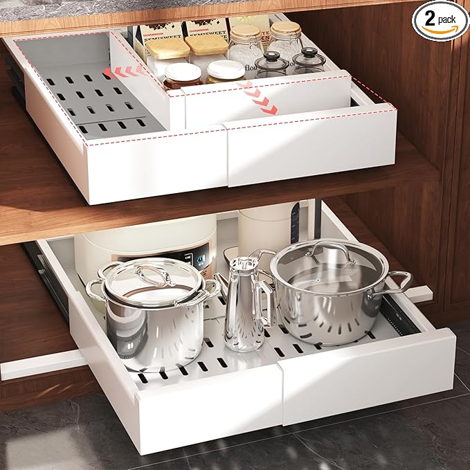 Seinloes 2 Pack Pull Out Cabinet Organizer Expandable Width(11"-16") and Depth(13"-17"),Slide Out Drawers With Raising Pad for Framed Cabinets,No Drill Roll Out Shelves for kitchen,Bathroom,White