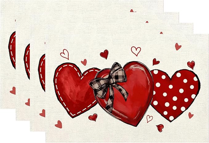 Valentine's Place mats Set of 4,12x18 Inches Red Love Heart Valentine's Decor Placemats Rectangle Mother's Day Wedding Anniversary Decoration Table Mats for Party Home Kitchen Dining Table