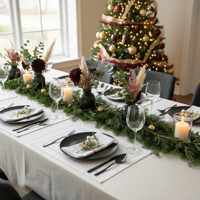 D'Moksha Homes White Linen Placemats Set of 6 - Classic Hemstitch Placemats 14 x 19 Inch - 100% Pure Linen Table Mats for Mothers Day, Spring - Handcrafted and Machine Washable
