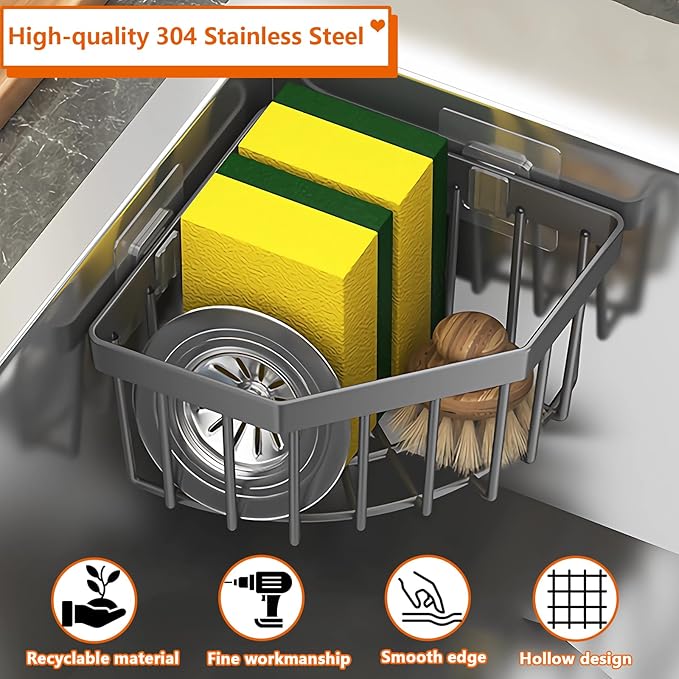 Sink Caddy Corner Kitchen Sink Organizer, Adhesive Sponge Caddy for Kitchen Stainless Steel,Dish Cloth Hanger Sponge Holder Soap Storage Rack for Space-Saving Storage(not for Rounded)