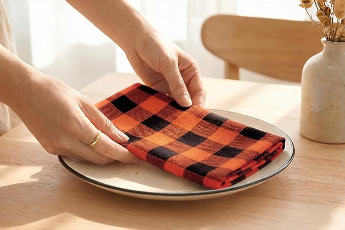 PurpleEssences Buffalo Plaid Cloth Napkins - Mitered Corners - Spring Easter Summer - Gingham Check Dinner Napkin - Set of 12-100% Cotton - 18x18 Inch - Reusable Washable - Orange and Black