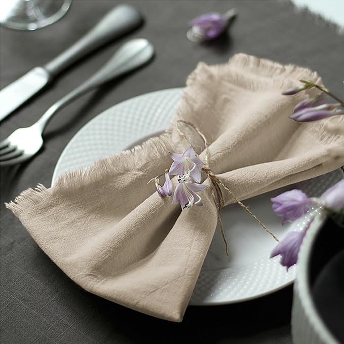 Handmade Cloth Napkins 100% Cotton Napkins with Fringe，Delicate Handmade Cloth Napkins for Dinners, Parties, Weddings and More，18 x 18 Inch Set of 12 - Beige