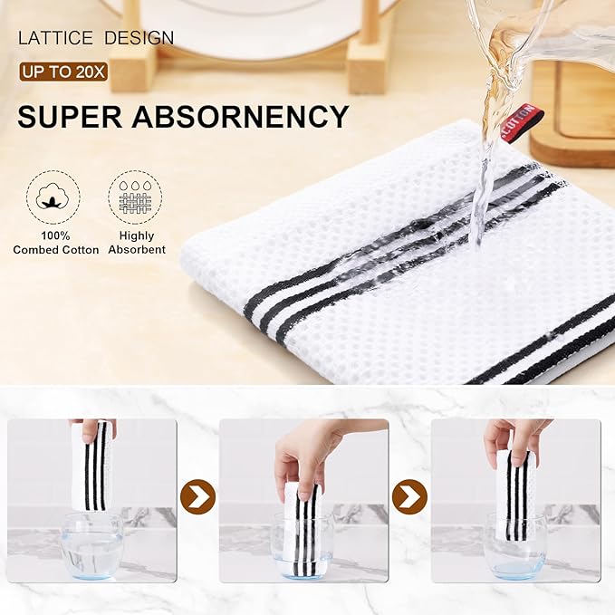 Mordimy 100% Cotton Waffle Weave Dish Cloths, 12 x 12 Inches, Super Soft and Absorbent Quick Drying Dish Rags for Kitchen, 6-Pack, White & Black Stripe