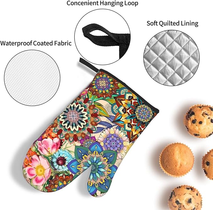 Boho Floral Oven Mitts and Pot Holders Sets, Heat Resistant Colorful Kitchen Gloves Hot Pads, Cute Baker Stuff, Chef Cooking Baking Gifts for Women Bakers, Kitchen Gifts for Cooking Lover Cooks Mom