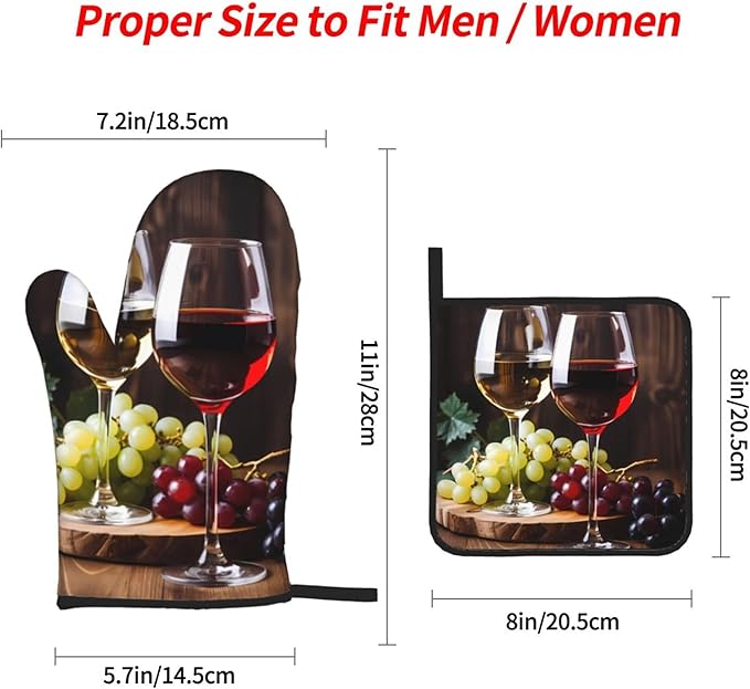 Red and White Wine Oven Mitts and Pot Holders Sets Grape Wooden Kitchen Oven Gloves Heat Resistant 500 Degrees Oven Mitt and Hot Pad for Cooking BBQ Baking Grilling