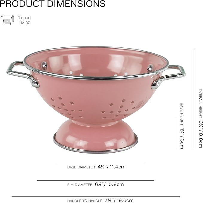 Reston Lloyd, 1 Quart Powder Coated Steel Kitchen Strainer Basket for draining Pasta, Vegetable and Fruit, Chrome Handles and Wide Stable Base, Pink