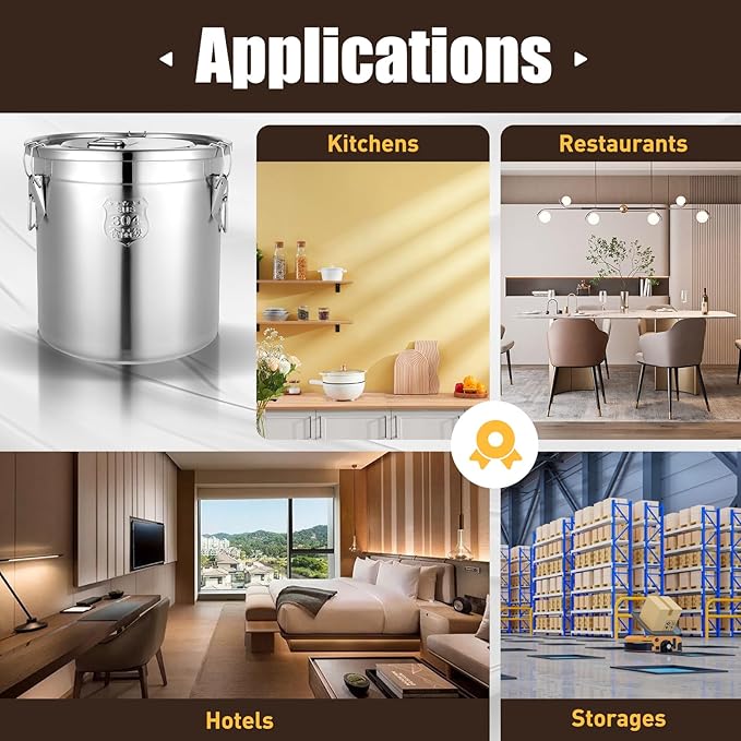 33L/8.72Gal Stainless Steel Airtight Canister Food Storage Canisters with Airtight Lid&Locking Clamp Rice Cereal Grain Canisters Container Bucket for Rice Milk Jug Coffee Bean Cookies Storage