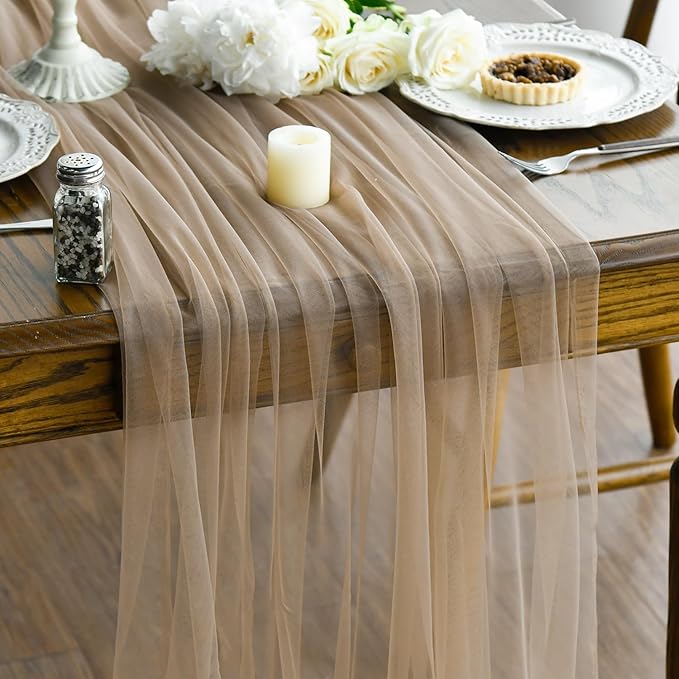 Artoid Mode 3PCS Coffee Gauze Table Runner 120 Inch 10FT, Seasonal Sheer Kitchen Dining Holiday Wedding Birthday Baby Shower Table Decor for Home Party