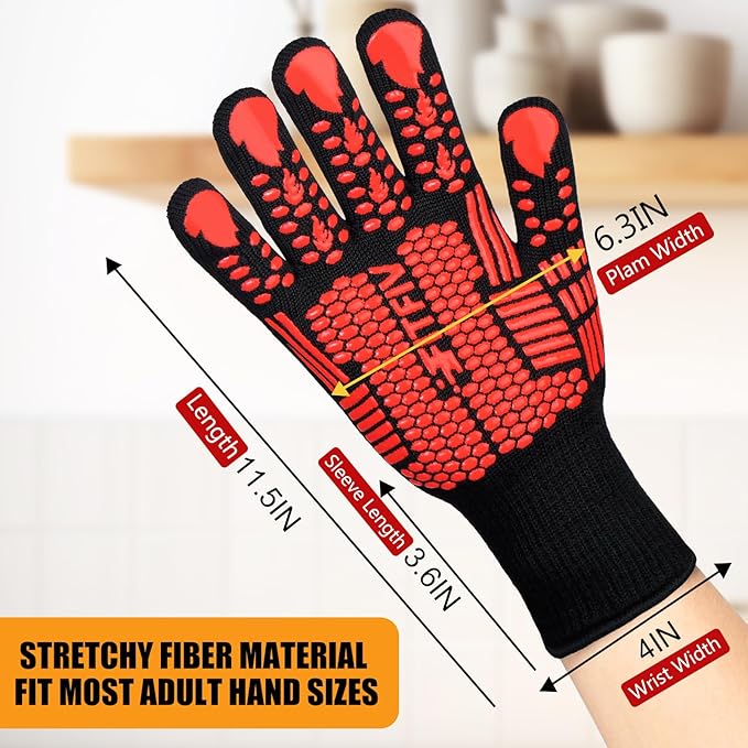 BBQ Gloves, Oven Gloves, 1472°F Extreme Heat Resistant Barbecue Gloves, Silicone Non-Slip Oven Mitts, Kitchen for Cooking, Grilling, and Baking (Red)