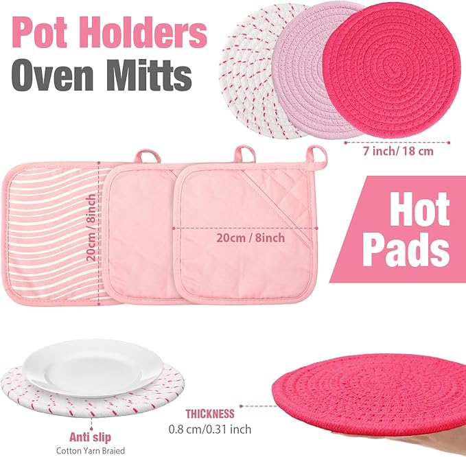 Pink Oven Mitts and Pot Holders 7 Sets, Heat Resistant Kitchen Gloves Pads Potholders for Women Gifts Pot Holders Kitchen Accessories Gift(Pink White,Rubber Cotton,Stripes)