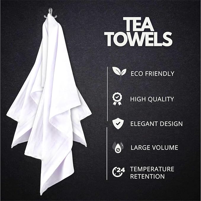 Harringdons 100% Cotton Kitchen Towels, Highly Absorbent Dish Towels for Kitchen with Hanging Loop, Large 20"x28" Washable Towels, Pure White, 6 Pack