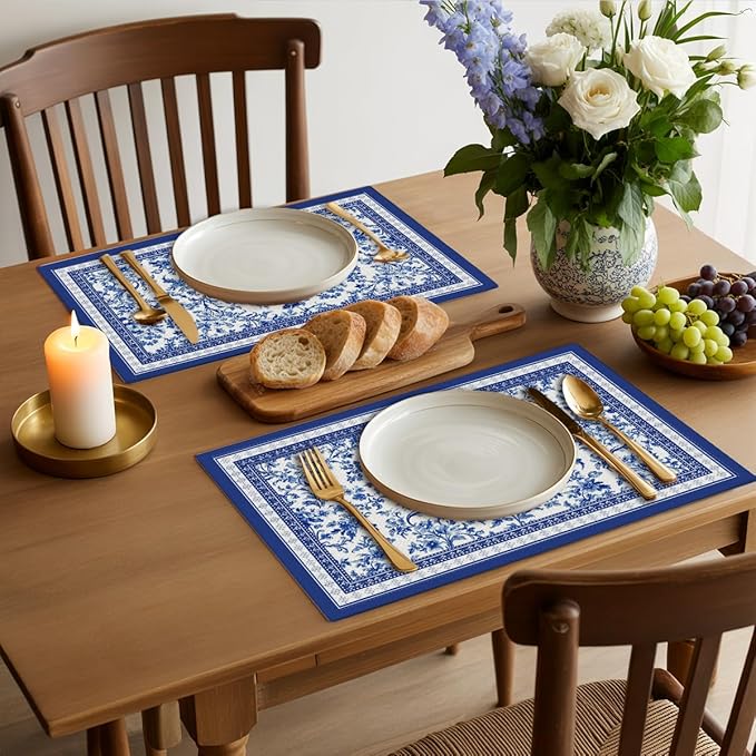 Blue Floral Branches linen Placemats Set of 4, 12 x 18 Inch Chinoiserie Table Mats Washable Non-Slip Heat Resistant Linen Fabric Rectangle Place Mats for Indoor Outdoor Party Kitchen Dining Home Decor