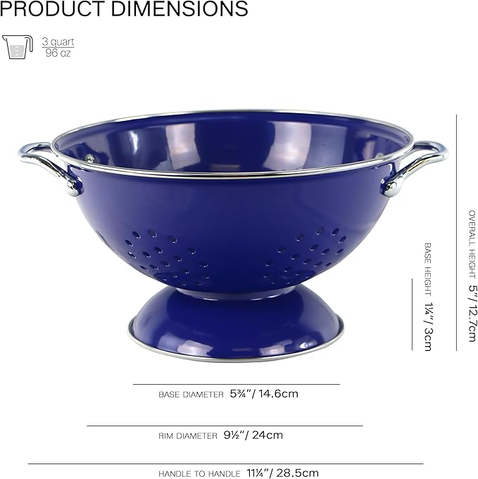 Reston Lloyd, 3 Quart Powder Coated Steel Kitchen Strainer Basket for draining Pasta, Vegetable and Fruit, Chrome Handles and Wide Stable Base, Indigo