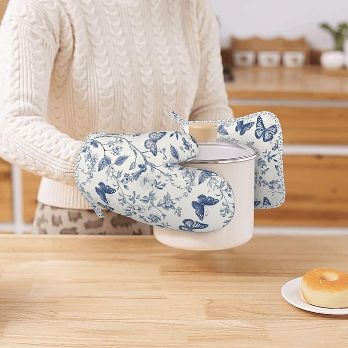 Oven Mitts and Pot Holders Butterfly Flower Vintage Blue Silicone Kitchen Accessories Set of 2 Heat Resistant Long Gloves Potholder Non-Slip Grip for Chef Cooking Baking Grilling BBQ