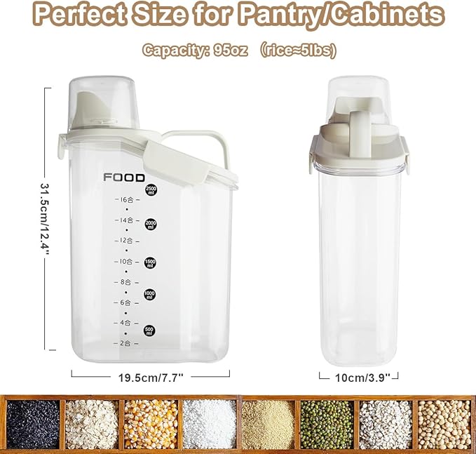 LANGMINGDE 1 Piece Cereal Containers Storage, 2.8L/95oz Airtight Large Dry Food Storage Containers with Pouring Spout Measuring Cup for Snacks Grain Rice,BPA Free Dispenser Plastic Bin, 1PC