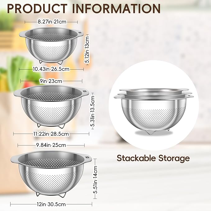 GOLDEN KEY 3Pcs Stainless Steel Colander Set for Kitchen - 3QT/4QT/5QT, Multi-Size Strainer for Draining Pasta, Washing Vegetables, Straining Hot Foods & Grease, Nesting Storage, Dishwasher Safe