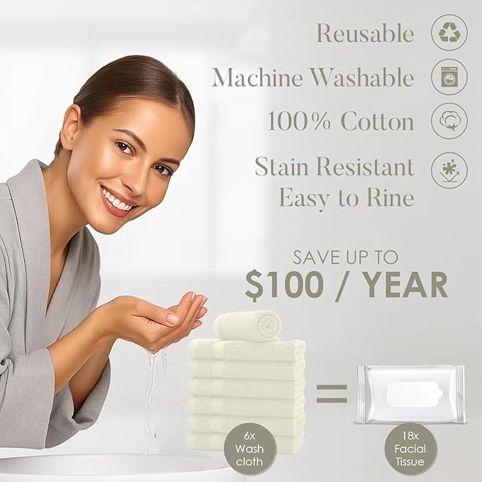 DAN RIVER 12-Pack Premium 100% Cotton Ivory Face Towels for Bathroom - Reusable Face Wash Cloths for Showering 12x12 Inches - 550 GSM Super Soft & Absorbent Luxury WashCloths for Body, Spa & Gym