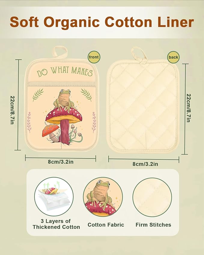 Swooflia 100% Cotton Pot Holders 2 Pack Set for Kitchen with Pockets - Cute 440°F Heat Resistant Oven Hot Pads Heavy Duty for Countertop Home Cooking Baking Microwave BBQ Farmhouse Frog