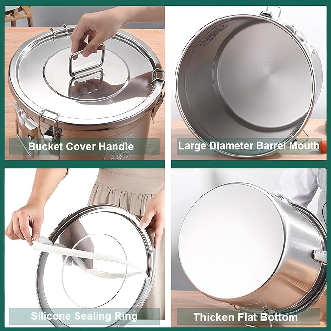 304 Stainless Steel Airtight Canister, Metal Cereal Flour Storage Container with Carry Handle Sealed Lid Coffee Canisters for Household Kitchen Bean Oil Milk Barrel (21L / 5.5 Gal)