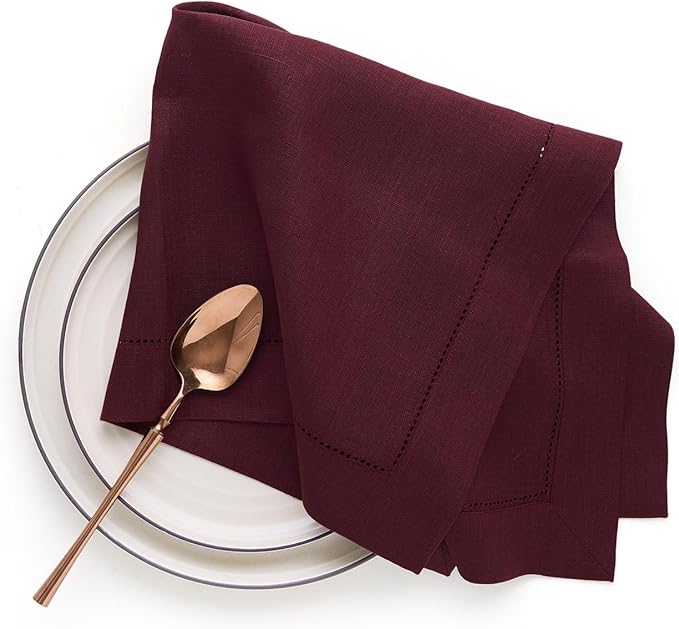 Solino Home Linen Cloth Napkins Set of 4-100% Pure Linen Burgundy Dinner Napkins 20 x 20 Inch for Mothers Day - Classic Hemstitch, Handcrafted and Machine Washable