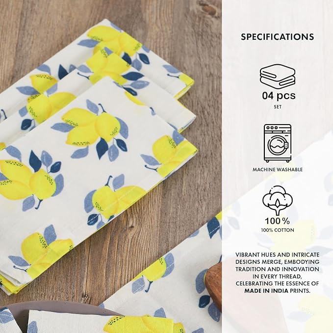 TARAN LIVING Printed Cotton Cloth Napkins Fall Dinner Napkin Set Reusable Machine Washable Fabric for Gifting, House Party Events, Home Decor, Craft - 18"x18" - Set of 4 - Lemon Print