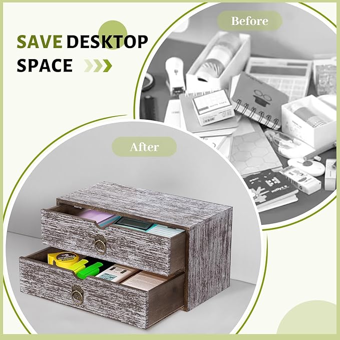 Wood Desk Organizer, Washed Brown Wooden Desktop Organizer with Drawer, Tabletop Storage Organization Box for Countertop, Home Office Supplies, Bills, 13.3 x 6.5 x 7 Inches(2 Drawer)