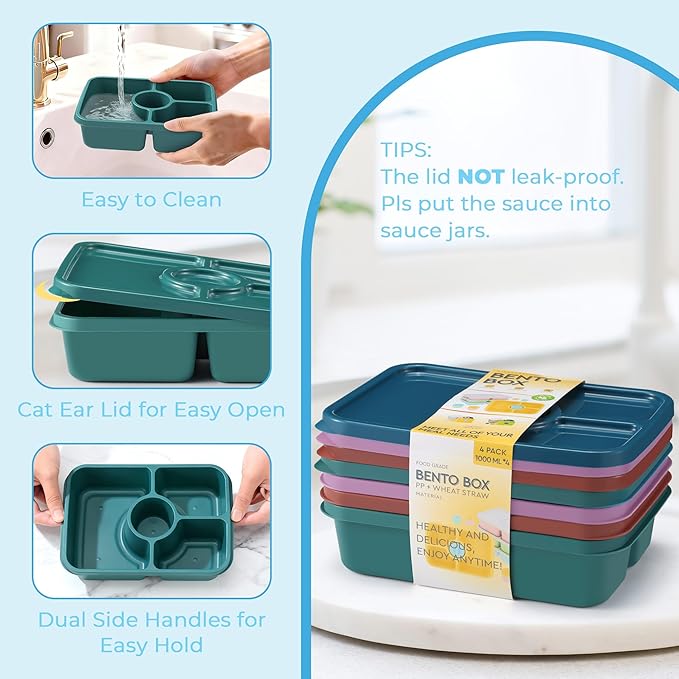 Bento Snack Box Containers, Reusable Meal Prep Lunch Containers for Adults Kids, Stackable Bento Snack Box 4 Pack, Divided Lunchable Food Storage Containers with Sauce Container, Dark Purple