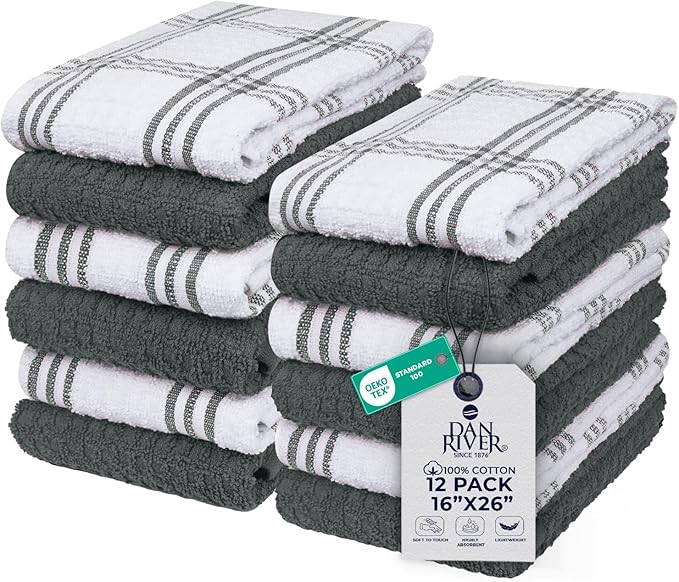 DAN RIVER Premium Kitchen Towels - [Pack of 12] 100% Cotton (16x 26 Inches) -Super Soft,Highly Absorbent, Quick Dry, Dish Towels for Kitchen Towels -Grey