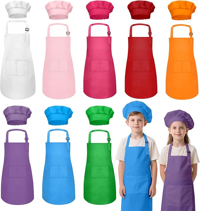 Kids Apron and Chef Hat Set, 16 Pieces Boys Girls Kids Apron with 2 Pockets Adjustable for Cooking Classroom Baking Painting, 6-13 Years, Multicolor
