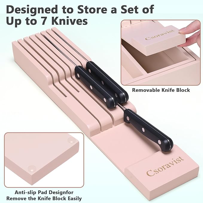 9-Piece Bamboo Kitchen Drawer Organizer Set, Expandable Silverware &Utensil Organizer with Removable Knife Block & Steak Knives, Flatware Organization, Tableware Dividers Storage(Pink)