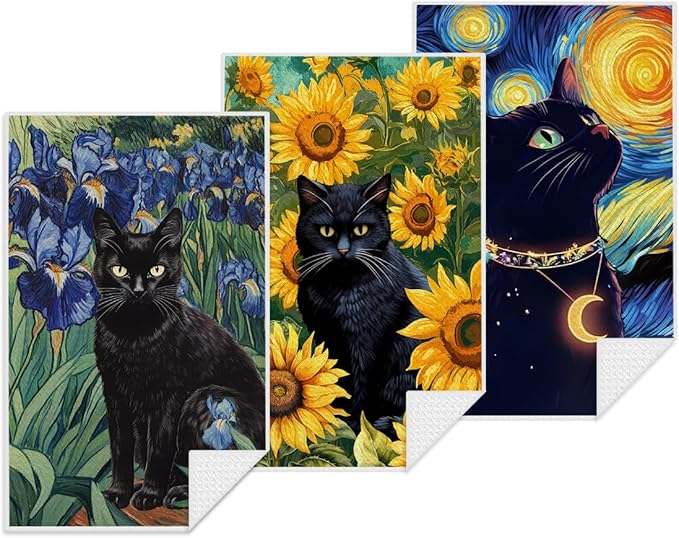 3Pcs Cat Kitchen Towels, Starry Night Dish Cloth Tea Towel, Sunflower Dish Towels for Kitchen Drying, Microfiber Waffle Hand Towel for Home Bathroom Decor, Cat Lover Gifts for Women Mom, 24x14 Inch