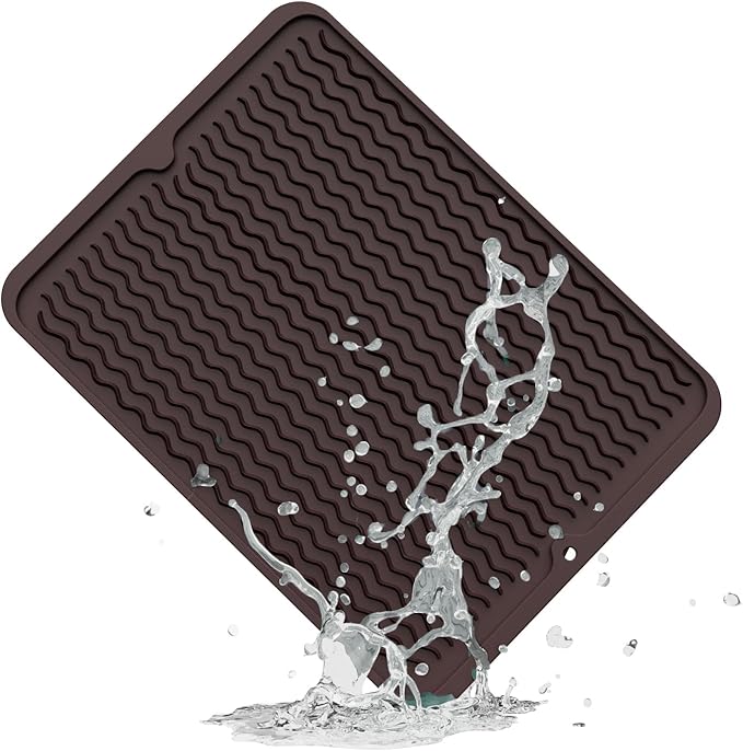 ZLR Silicone Dish Drying Mat & Heat Resistant Trivet (12" x 16") - Waterproof Counter Protector for Air Fryer, Coffee Maker - Non-Slip, BPA Free Kitchen Pad, Easy Clean Dishwasher Safe (Coffee)