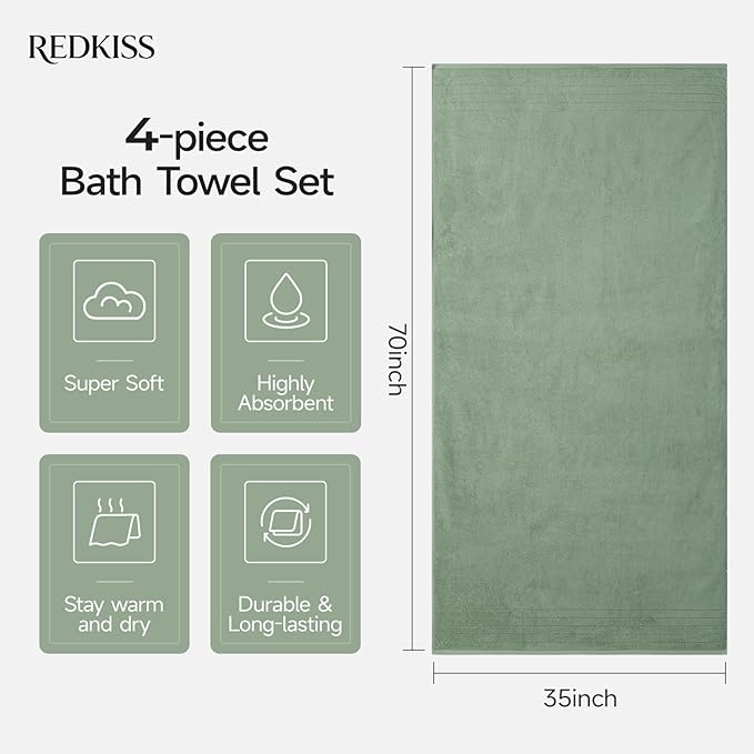 REDKISS Luxury Bath Towels Set of 4, 35x70 in, Highly Absorbent & Quick Dry, Super Soft Extra Large Premium Thick Cotton Green Bath Sheets for Shower, Hotel, Bathroom, Spa