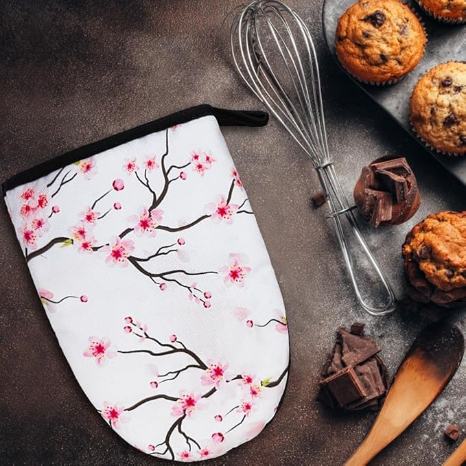 Pink Cherry Blossoms Oven Mitts, High Heat Resistant Kitchen Oven Gloves, Mini Silicone Oven Mitts, Non-Slip Grip Surfaces and Hanging Loop for Grilling, Baking, Cooking and Microwave, Gift