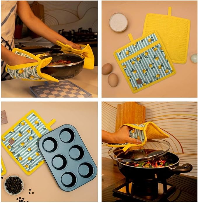 Folkulture Pot Holders for Kitchen | Pack of 2 (8x8) Ribbed Soft Silicone Hot Pads for Kitchen | 100% Cotton Cute Oven Pot Holders Set | Heat Resistant | Machine Washable | Non Slip | Lemon Party