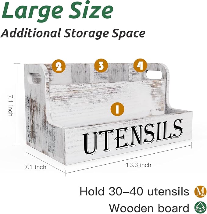 Suli Extra Large Kitchen Utensils Holder with 4 Compartments, White Wooden Utensil Organizer for Kitchen Countertop, Farmhouse Utensil Storage, Rustic Cooking Utensils - White Grain