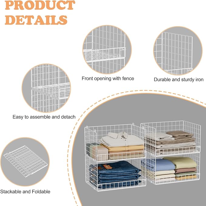 4-Tier Stackable Closet Organizers and Storage Basket, Foldable Closet Shelf Organizer System, Space-Saving Clothes Storage Drawer Organizer for Wardrobe, White (Patent Pending)