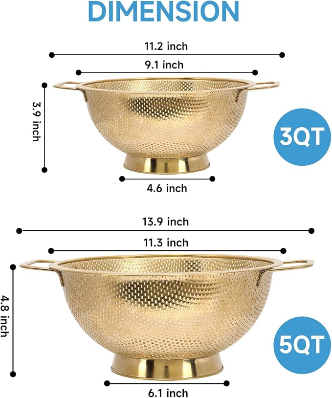 Gold Strainer for Kitchen, 5QT, Stainless Steel Colander with Handle for Fruits Vegetables Cooking Food, Dishwasher Safe