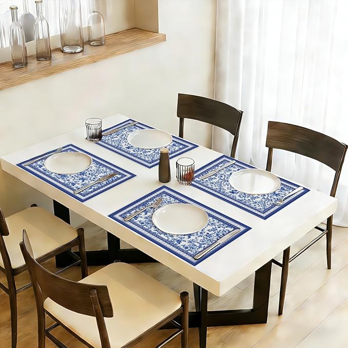 Blue Floral Branches linen Placemats Set of 4, 12 x 18 Inch Chinoiserie Table Mats Washable Non-Slip Heat Resistant Linen Fabric Rectangle Place Mats for Indoor Outdoor Party Kitchen Dining Home Decor