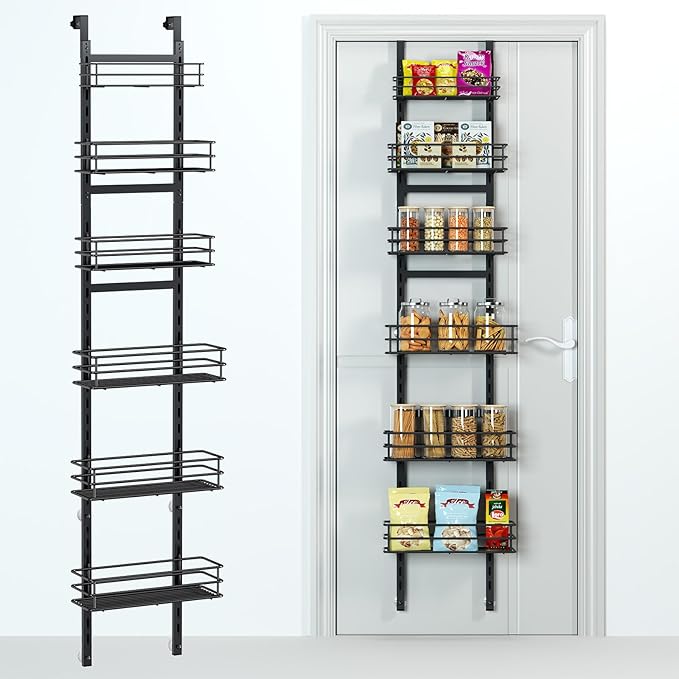 6-Tier Over the Door Pantry Organizer,Cabinet Door Organizer,Kitchen Pantry Door Organizers and Storage,Over the Door Spice Rack,Behind the Door Storage,Door Hanging Organizer,Black