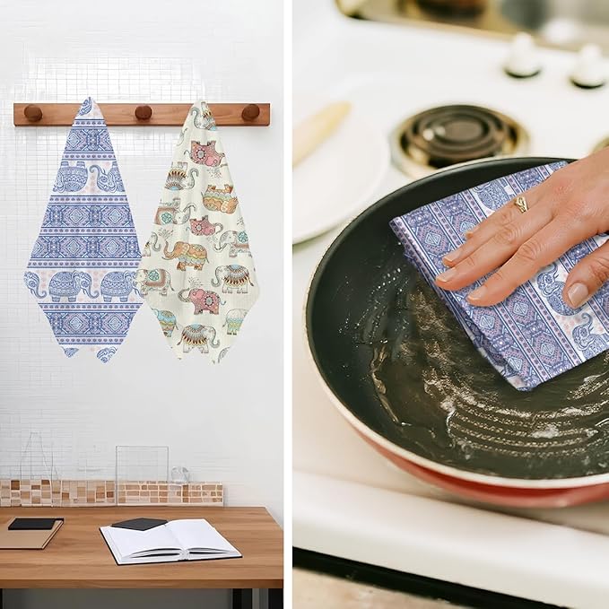 2Pcs Vintage Elephant Kitchen Towels, Farmhouse Absorbent Tea Towel Decor Dish Hand Towels Elephant Lover Gifts for Cleaning Drying Women Mom Housewarming Gifts 14 x 24 Inch Kitchen Home Decor